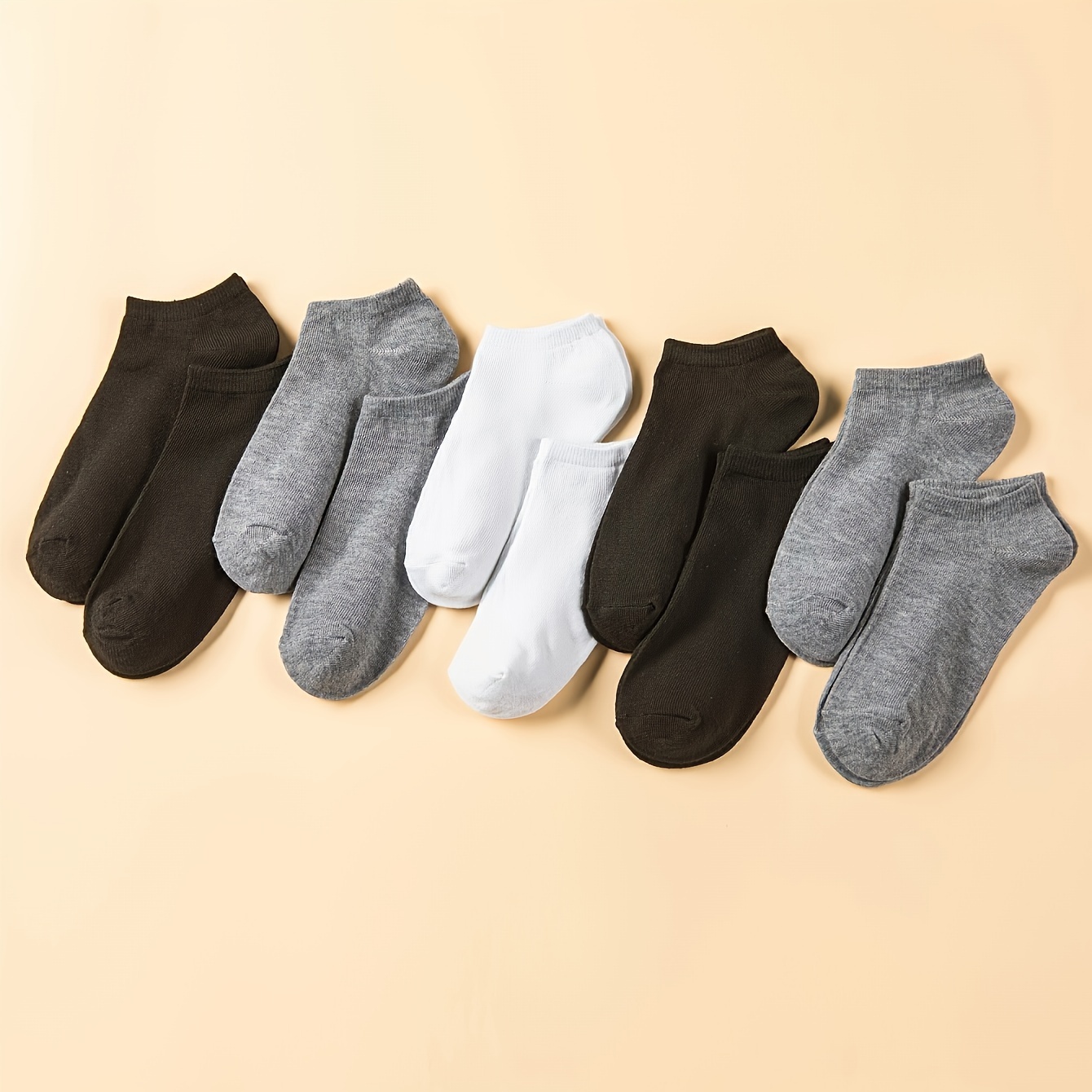 Image of 10 Pairs Of Teen Black, White, And Gray Solid Color Classic Shallow Socks, For Teenager, For Teenager
