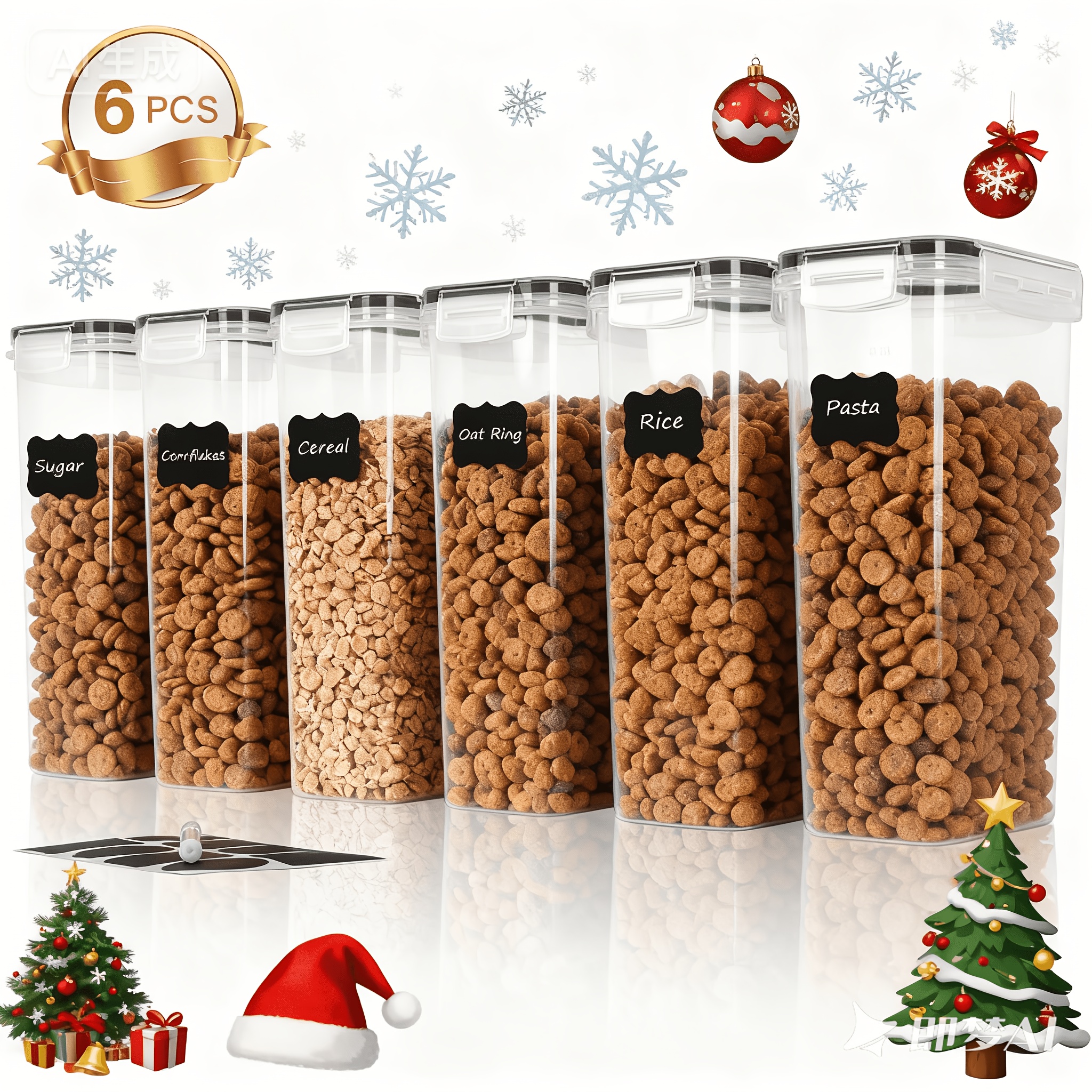 Image of 6pcs Rectangular Pet Food Storage Containers (with Lids), Large Capacity 2.4l/81oz Airtight Plastic Dog Food Storage Buckets, Includes Labels And Marker Pen, Black