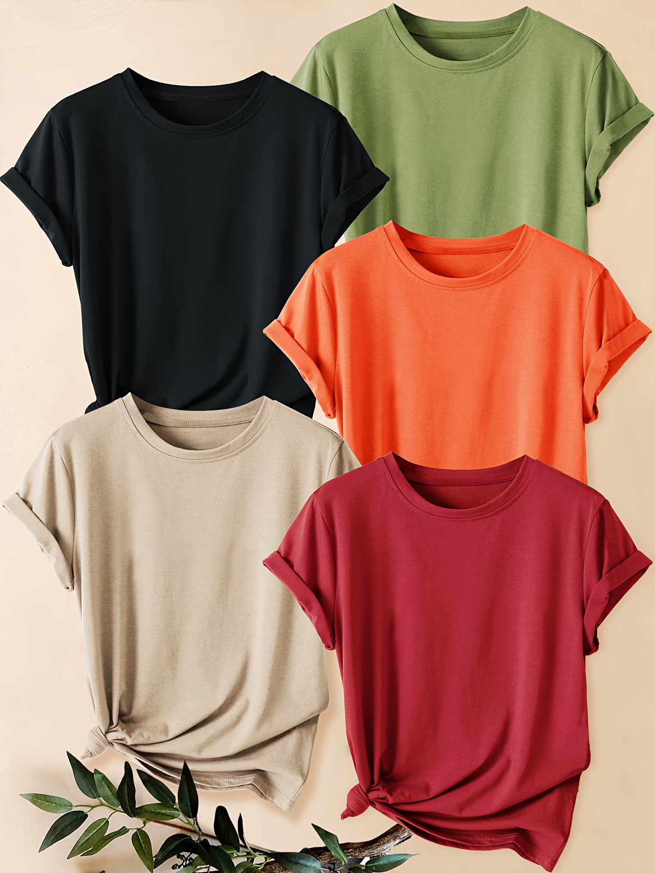 5pcs womens retro solid color casual t shirts round neck short sleeve   medium   washable opaque fabric for gym training casual wear spring summer fall 5 colors beige olive peach orange burgundy workout shirts seasonal fashion simple     gym clothing   durable construction versatile top women