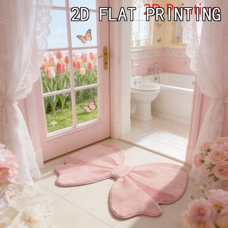 TEMU Product: Pink Bow Decorated Carpet For Vanity, Bedside, Bay Window, Sofa, , , Bathroom, Kitchen, Laundry Room, Floor Mat, Entrance Foyer,