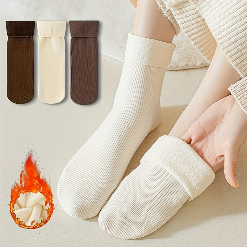 

3 Pairs Of Women's Autumn And Winter Fuzzy Socks, Add Velvet Solid Color Mid-calf Socks, Padded Warm Socks/home Socks/floor Socks/lazy Socks, Crew Socks