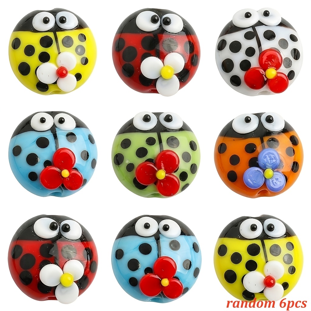 TEMU 6pcs Random Mixed Colors Ladybug Glass Beads With Small Spacer Bracelet Jewelry Making Additions