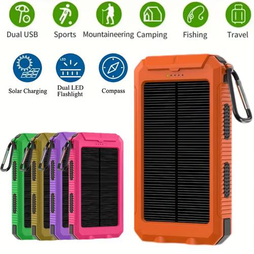 solar mobile power with flashlight usb type c micro interface compass for mobile digital electronic devices long lasting travel camping led flashlight hiking for the