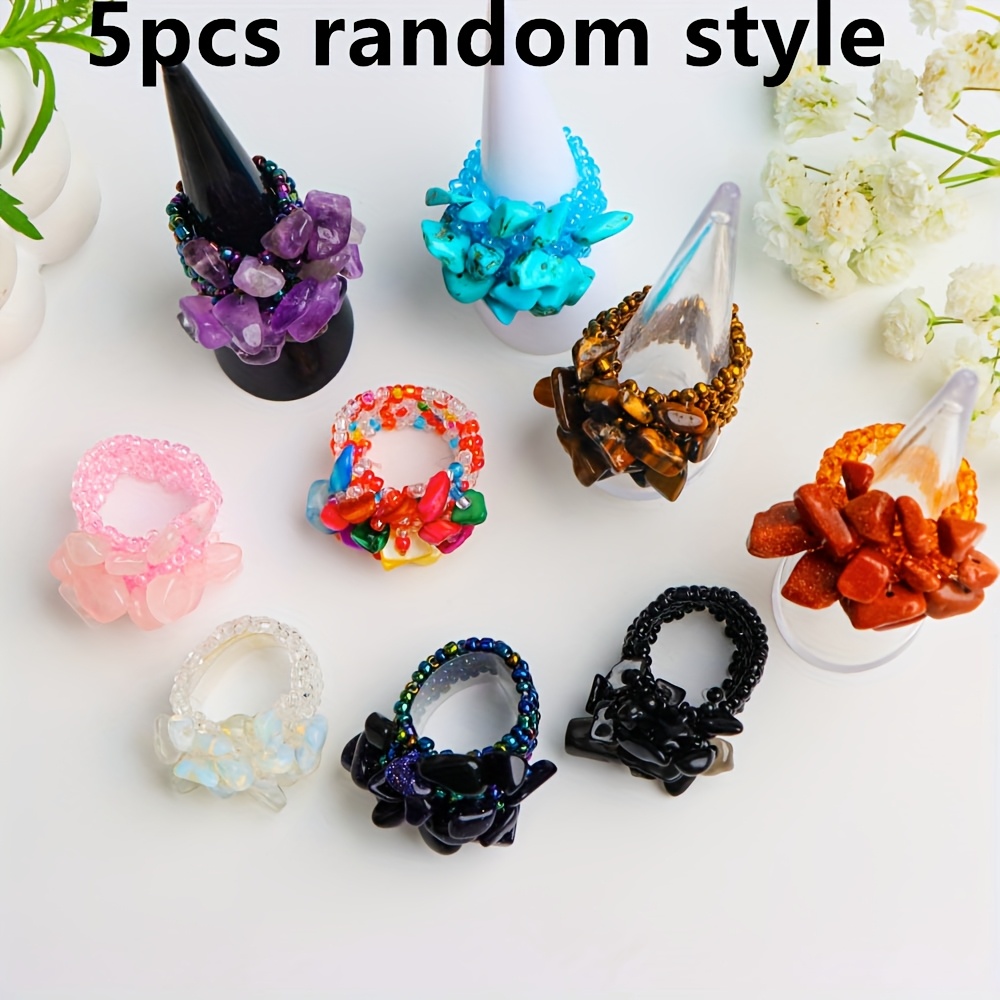 Image of 5-pack Bohemian Stretch Women's Rings, Colorful Natural Stone Beaded Rings, Random Styles For Vacation, Parties, And Daily Wear Jewelry Accessories