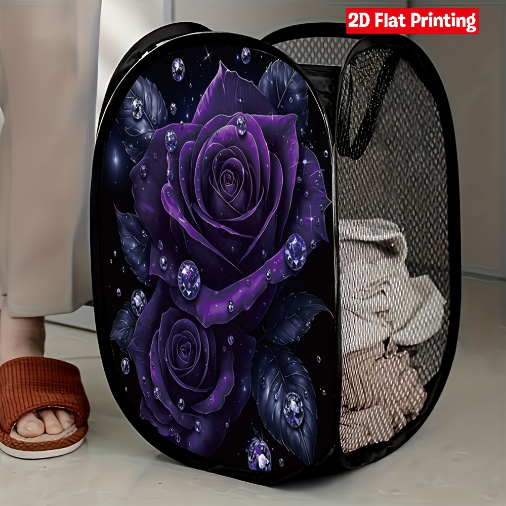 TEMU 1pc Purple Rose Crystal Decor Mesh Pop-up Laundry Hamper Elegant Pattern For Home Organization And Storage Solution