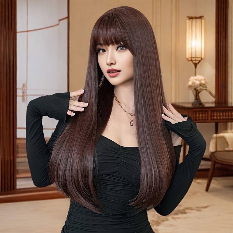 

Stylish Long Straight Mocha Brown Wig For Women Party High Density Synthetic Hair Wig With Bangs 26 Inch Heat Resistant Wig For