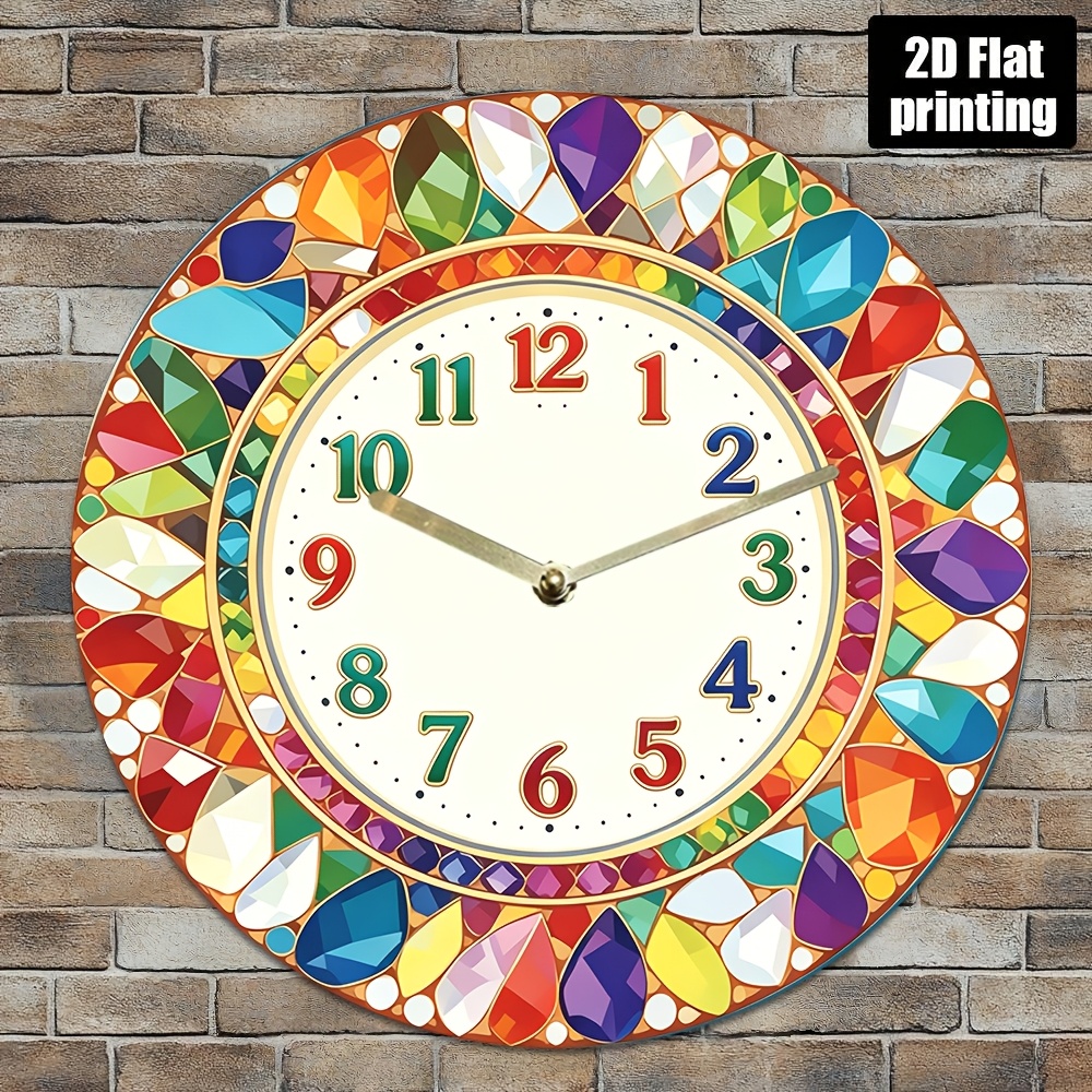 TEMU Orologio da parete 2D piatto, orologio a tema con motivo di pietre preziose colorate, per soggiorno, camera da letto, ufficio, sala da ,