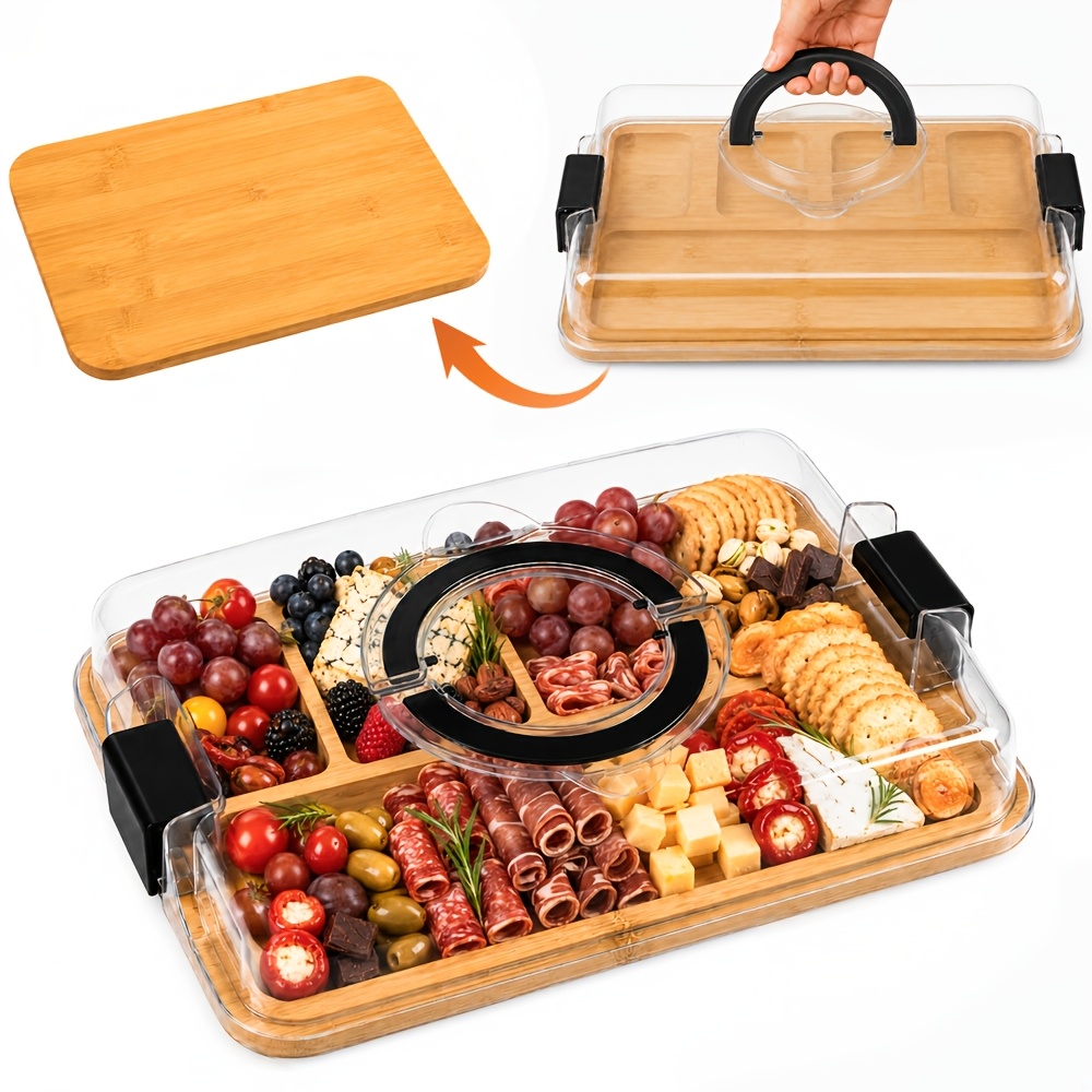 TEMU Cutting Board Charcuterie Tray With Clear Lid, 5-compartment Bamboo Serving Board With Handle And Side Locks, Reusable Snack Platter For Cheese,