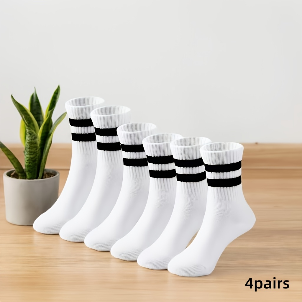 TEMU 8pcs (4-pair) Unisex Black And White Striped Mid-calf Socks, Made From Premium Fabric. Suitable For , Versatile For Outdoor And Indoor Wear