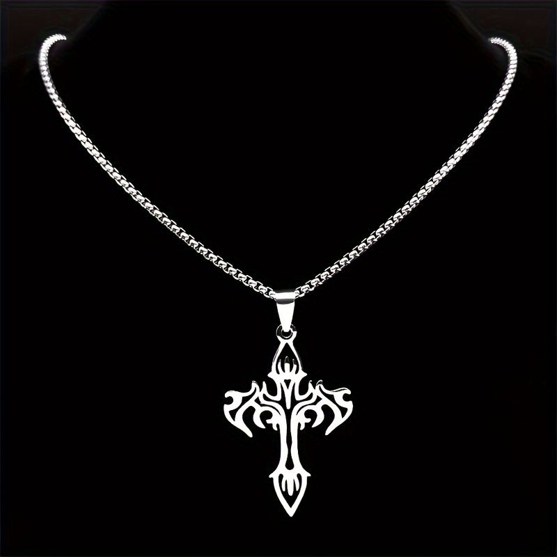stainless steel cross pendant necklace for women men hip hop style silvery necklace jewelry details 3