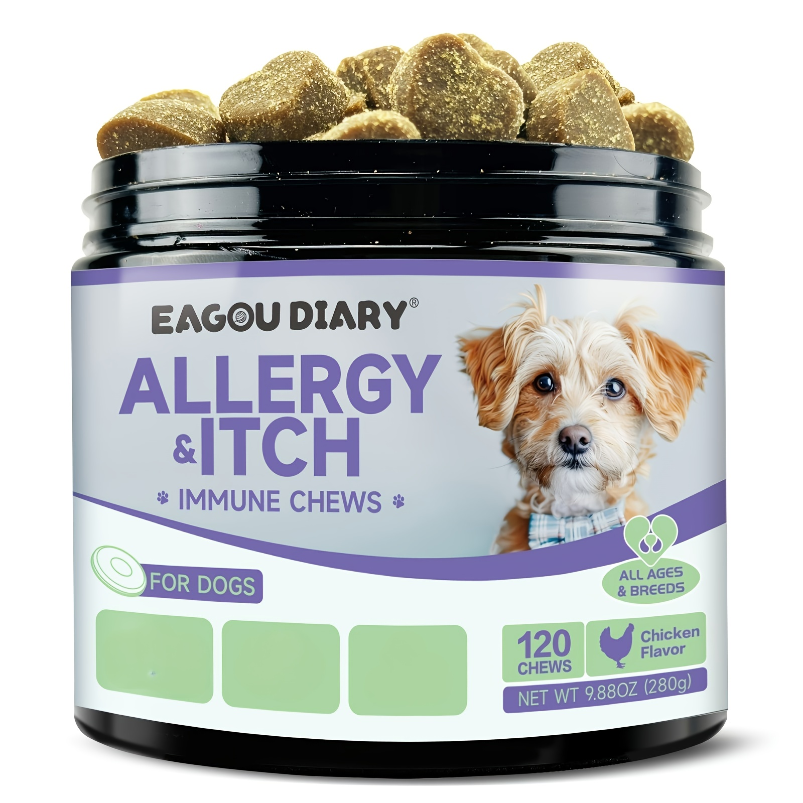 dog allergy chews with hydrolyzed protein omega 3 complex probiotic pro 6 aloe vera polysaccharides chamomile   b vitamins suitable for all breeds details 1