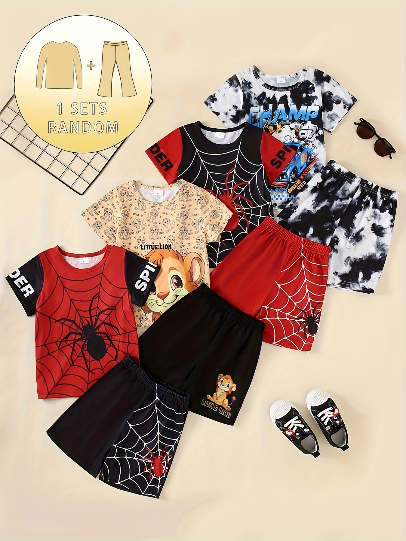 random two piece set for boys fall summer wear including 1 short sleeve t shirt shorts features a printed long sleeve crew neck t shirt and casual printed shorts   outdoor