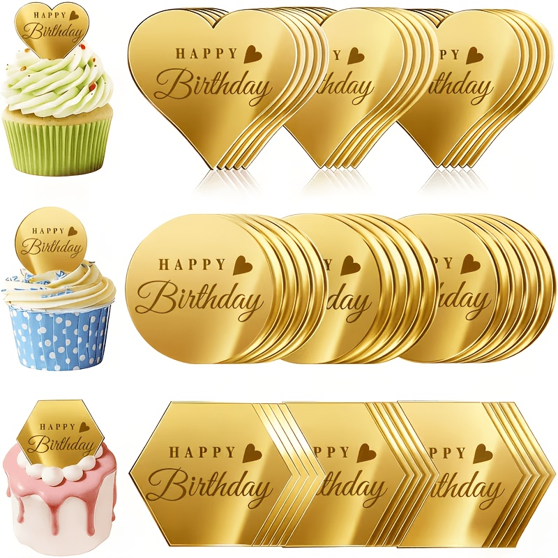Image of 15pcs Happy Birthday Cake Toppers, Mirror Acrylic Cupcake Toppers 3 Multi-shape & 3 Different Color Cupcake Picks For Birthday Party Anniversary Pastries Decorations
