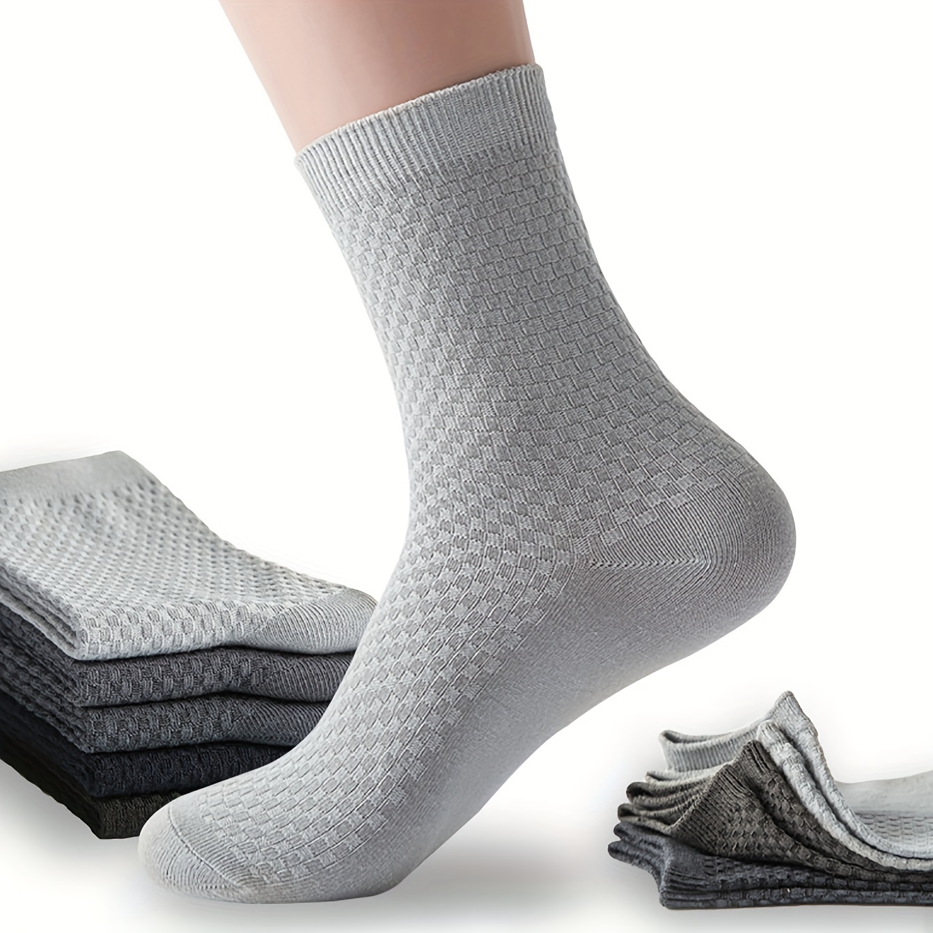 

5 Pairs Of Men's Anti Odor & Sweat Absorption Bamboo Fiber Crew Socks, Comfy & Breathable, Elastic Sport Socks, For All Seasons Wearing