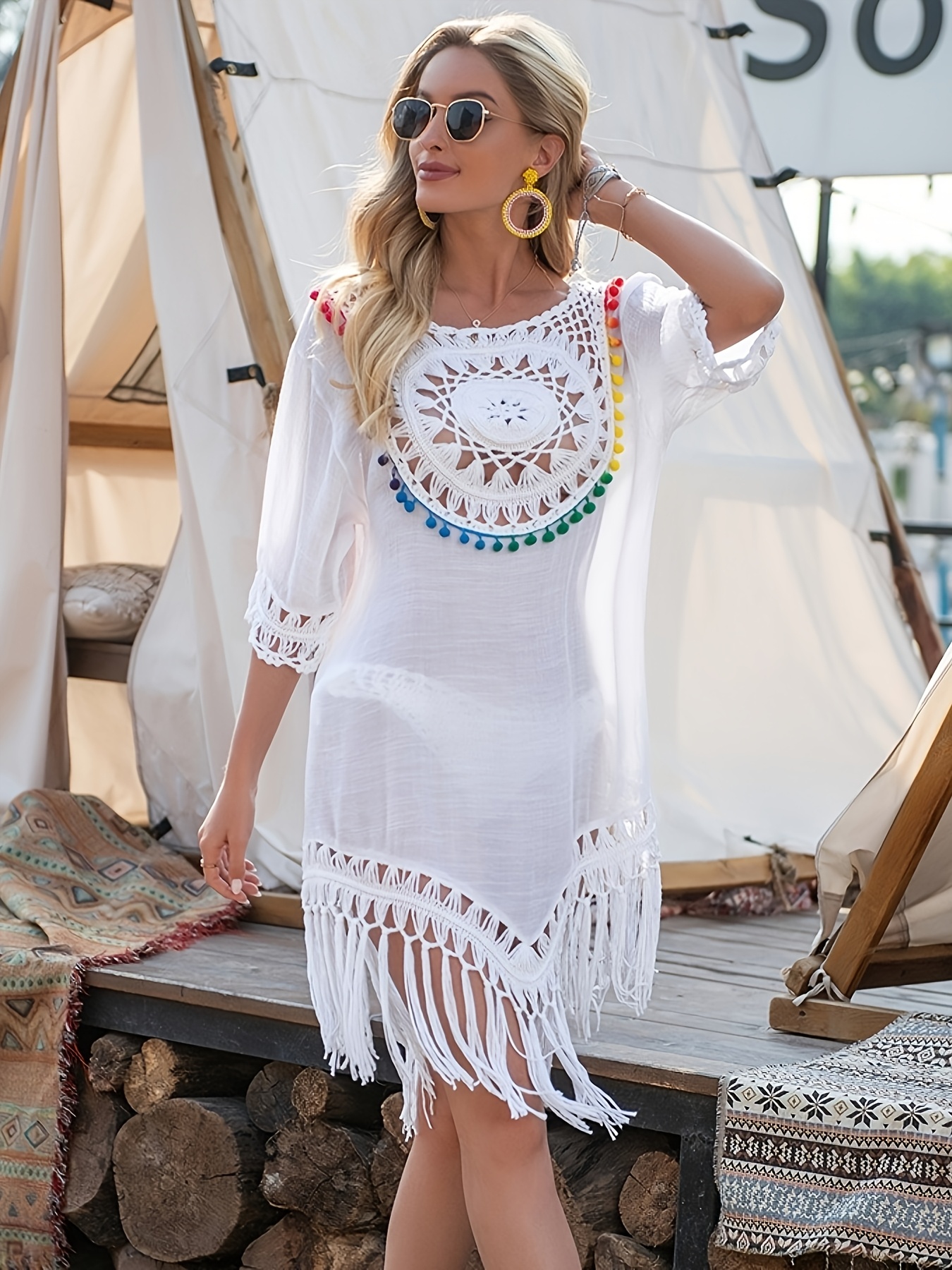 white tassel beach dress large round summer made from high sharon said Indian Beach Wear - Color:DITSY BLUE