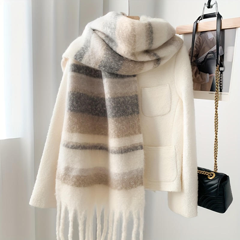 TEMU Cozy Striped Scarf For - Soft Polyester, Warm & Windproof Shawl For Autumn/, Fashionable