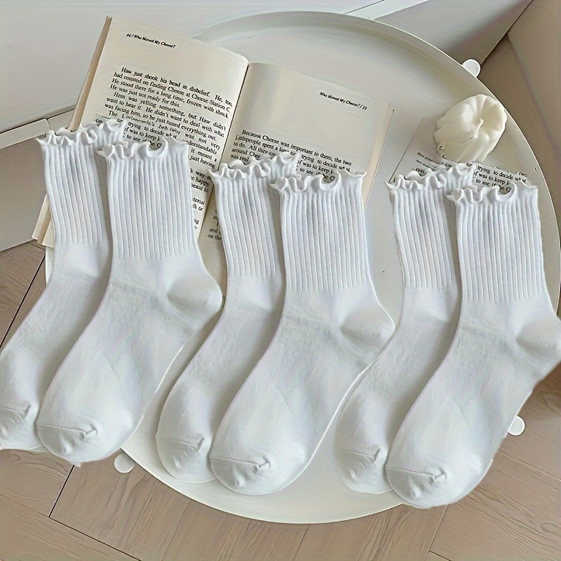 Image of 3/6 Pairs Lettuce Trim Socks, Sweet & Comfy Ribbed Mid Tube Socks, Women's Stockings & Hosiery