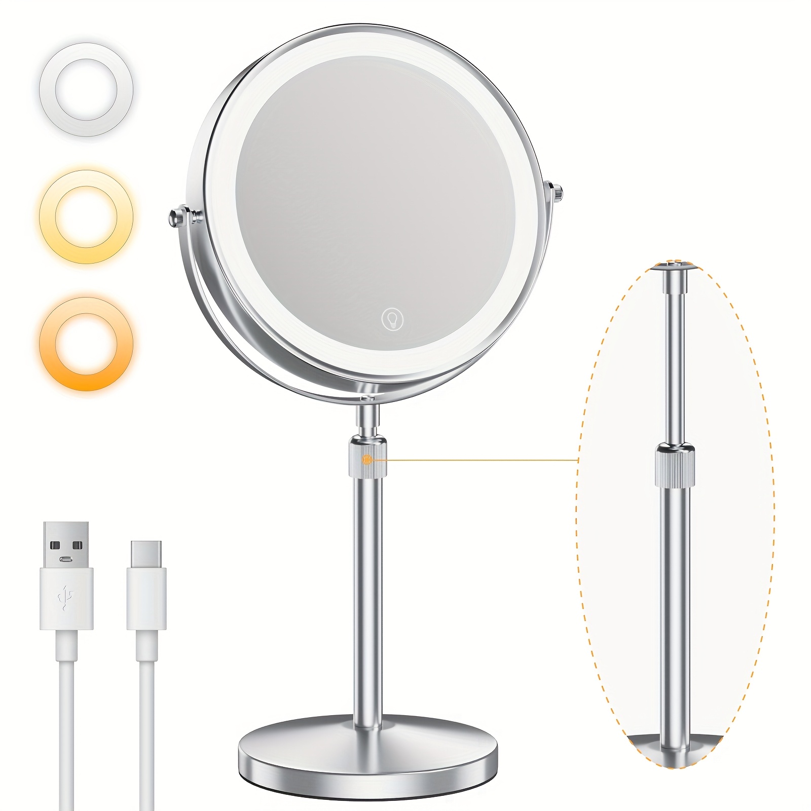 E-shop 8 Zoll wiederaufladbarer Schminkspiegel mit Licht, 1X/10X Vergrößerung, 3 Farben, dimmbar, höhenverstellbar, 360° drehbar, doppelseitiger