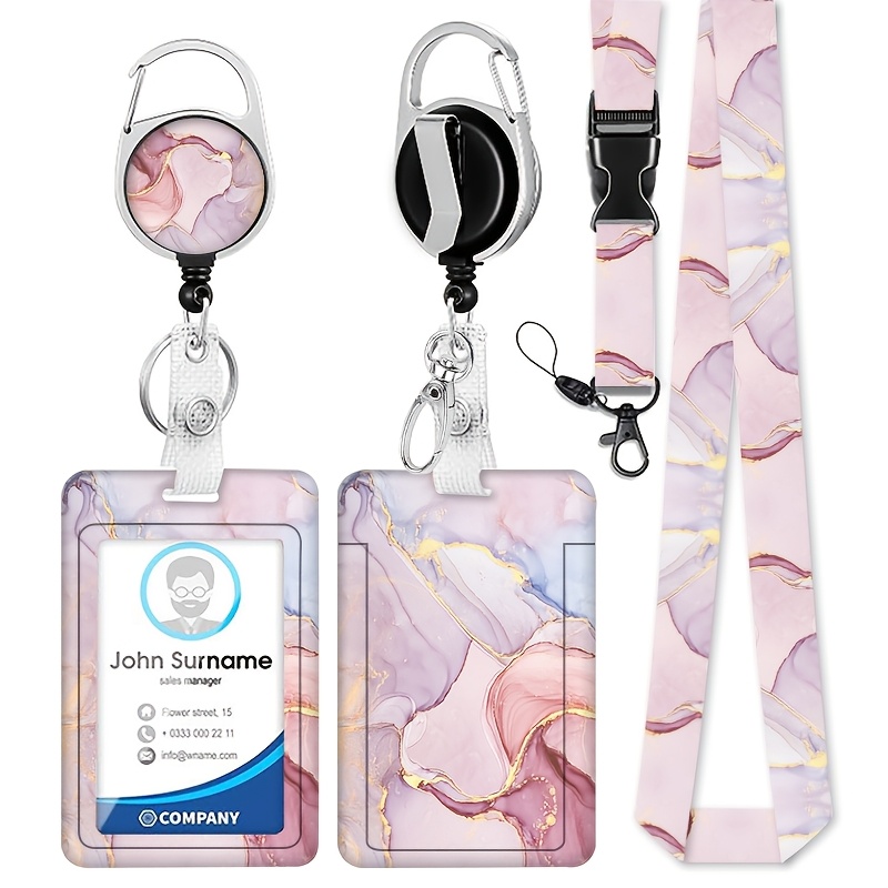 TEMU Porte-badge rétractable 2D style marbre rose avec porte-carte d'identité, cordon de badge d'identification pour enseignant style scolaire, motif