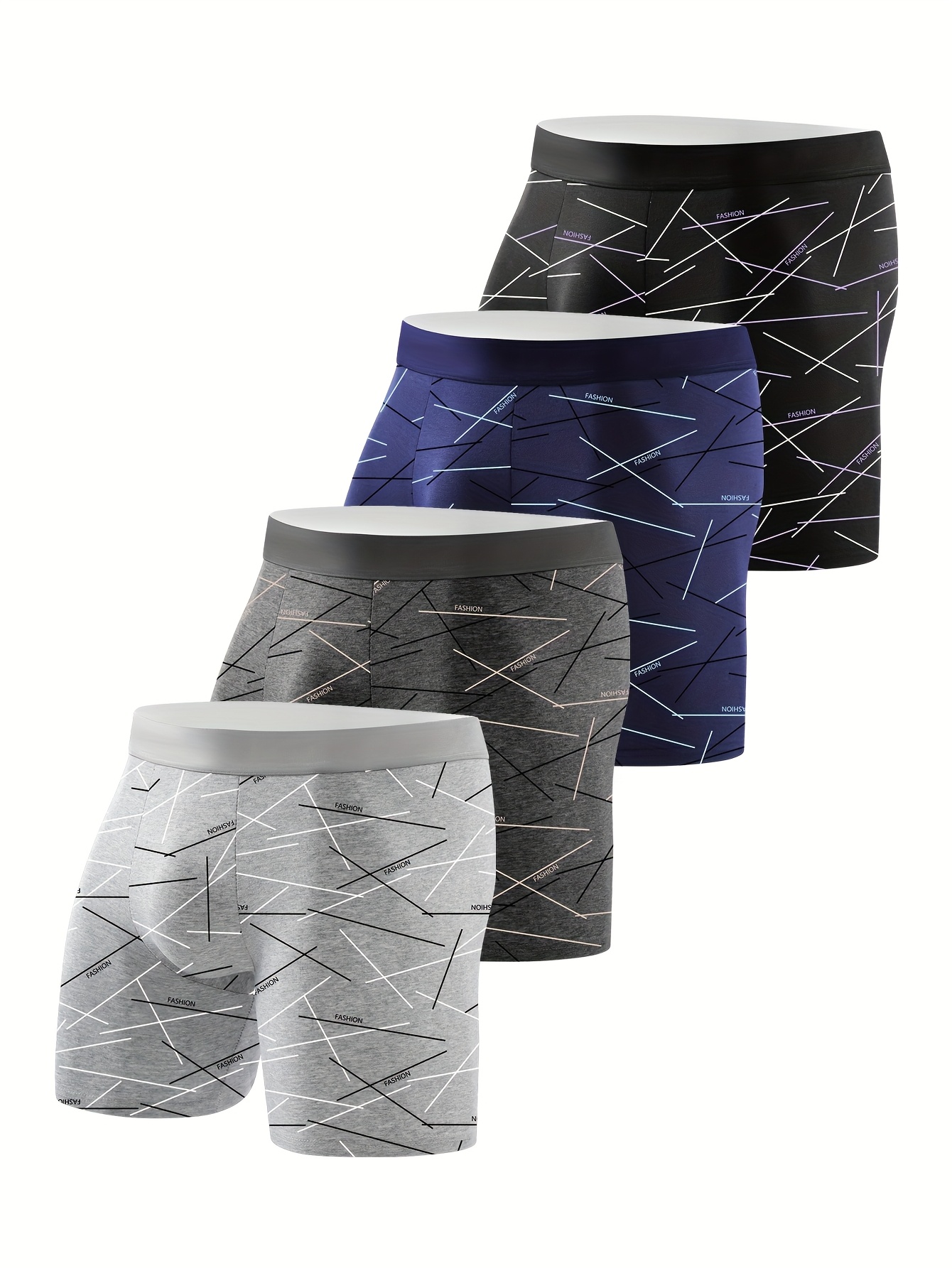 4pcs Men's Underwear, Line Pattern Boxer Briefs, Long Style, Breathable and Skin-Friendly, for Sports and Fitness, Trendy Men's Boxer Shorts