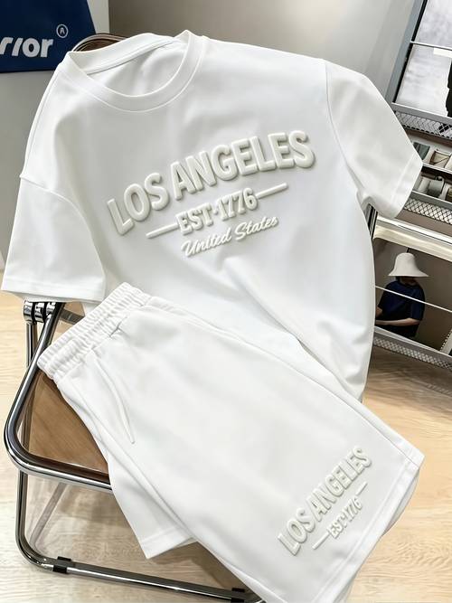 2pcs letter logo mens short sleeve casual t shirt and soft breathable loose shorts set