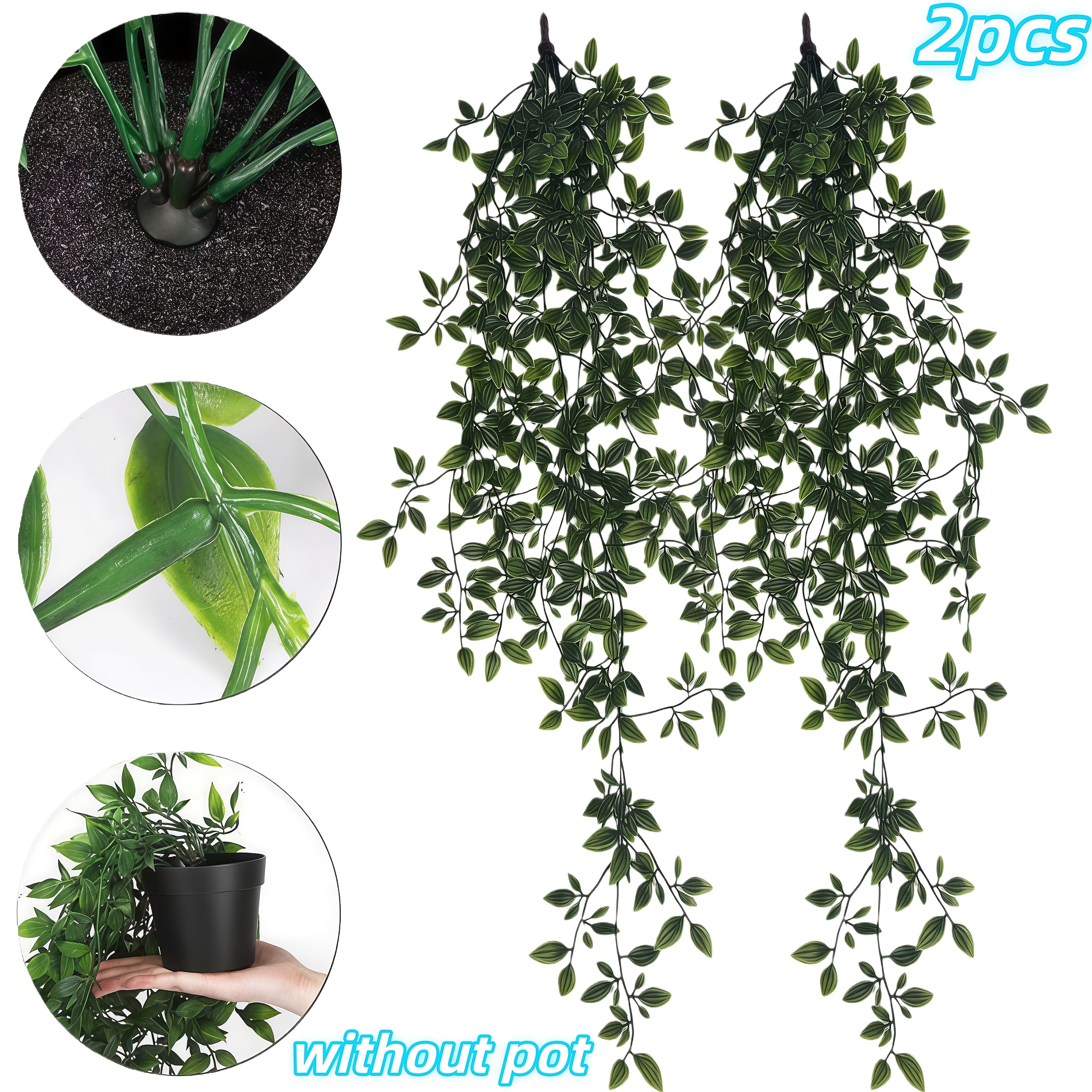 TEMU Lot de 2 grandes fleurs artificielles, plantes suspendues avec base à piquet de sol, plantes en pot, fausses plantes, fougère verte, design