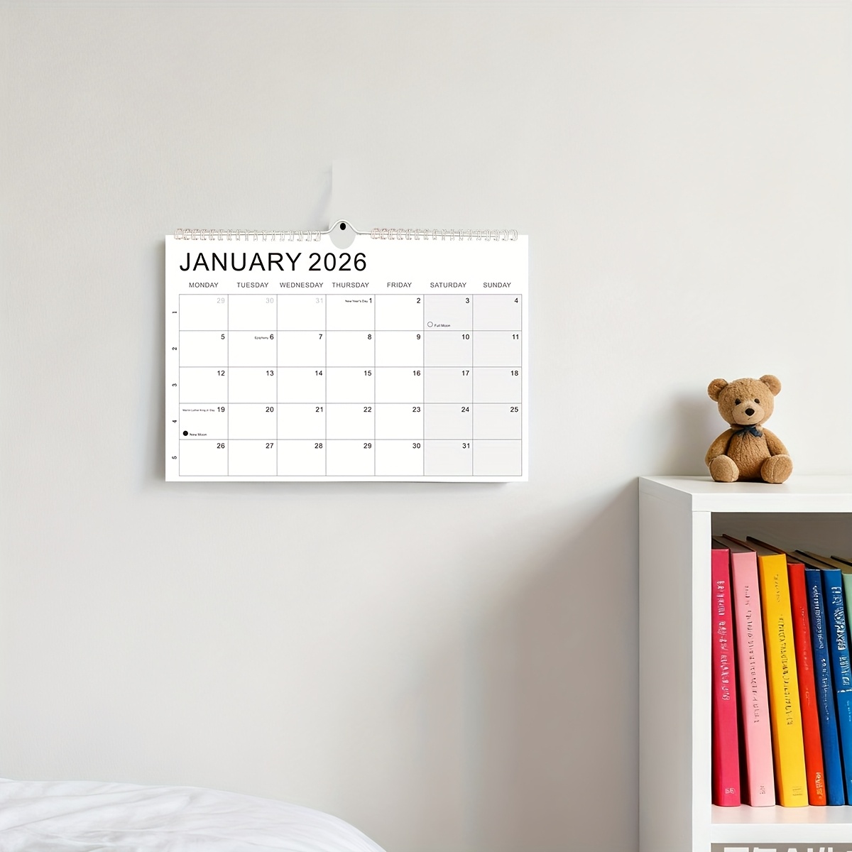 Temu A4 Large Grid Daily View Black And White Wall Calendar, 18-Month, Size "30Cm×21Cm", With Moon Phases Marking & Important Holidays Labels,-image