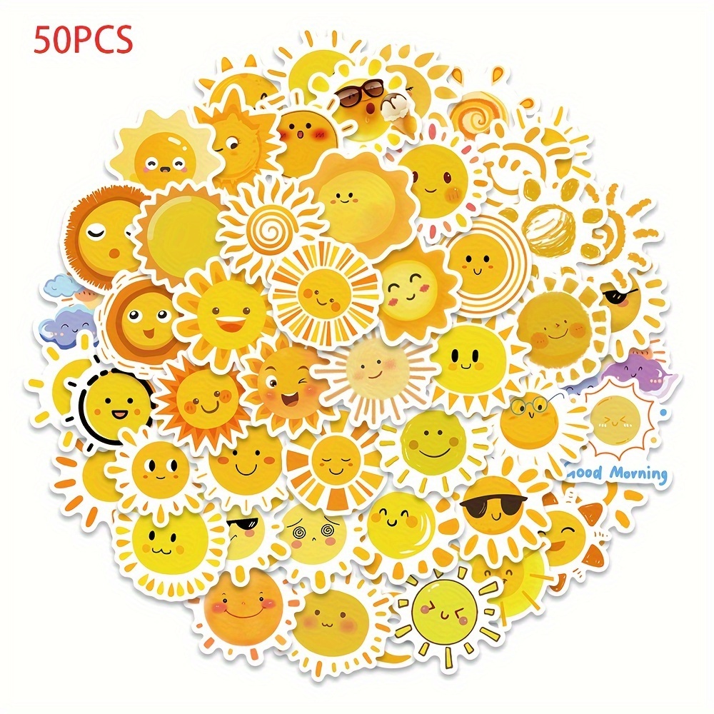 Image of 50 Sheets Of Cute Cartoon Sun Doodle Stickers, Hand-drawn Creative Decals For Notebooks, Guitars, Water Bottles, Journals, Stickers
