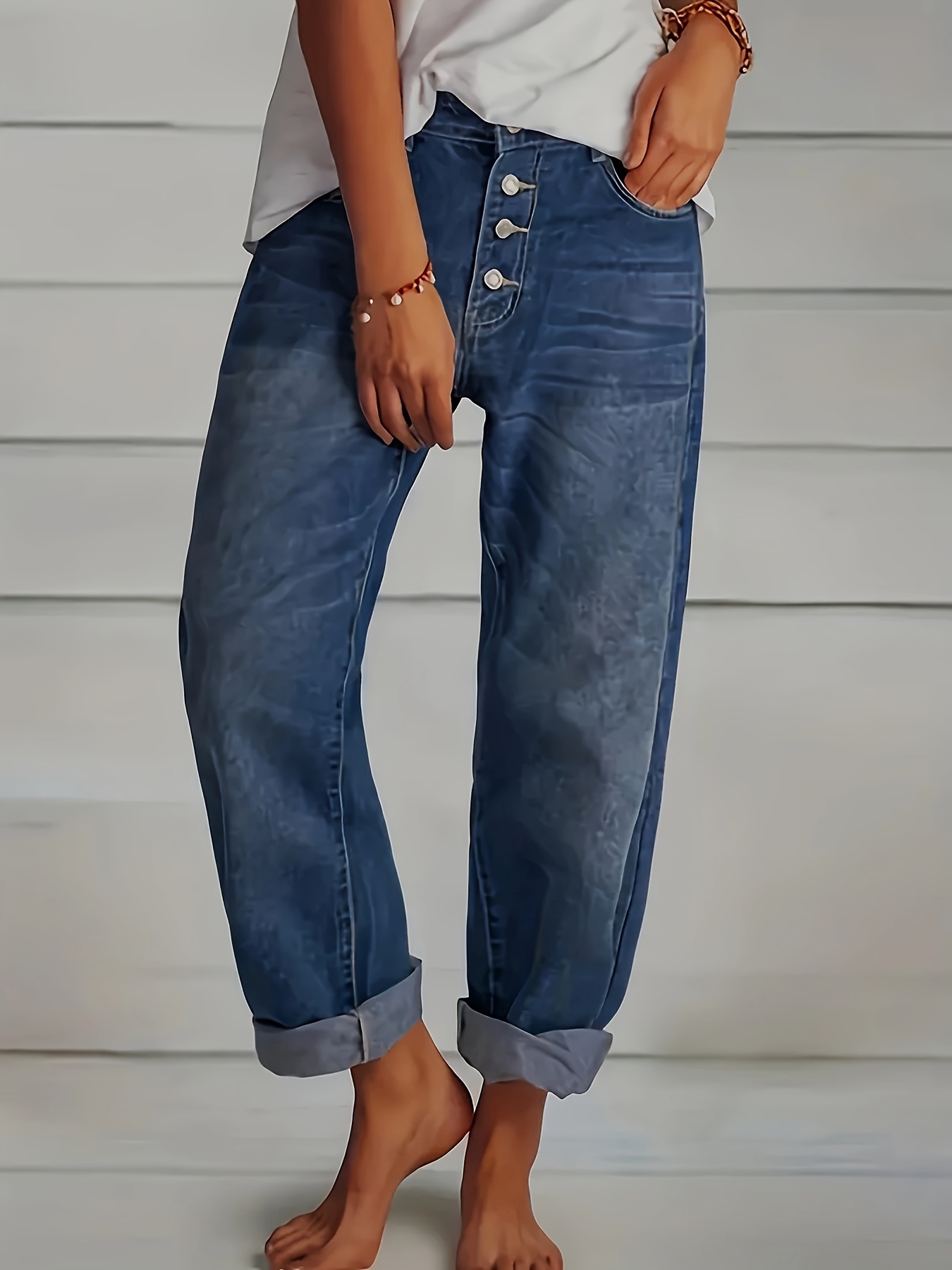 womens single breasted casual jeans comfort fit denim button fly full length trousers daily wear fashion apparel details 1