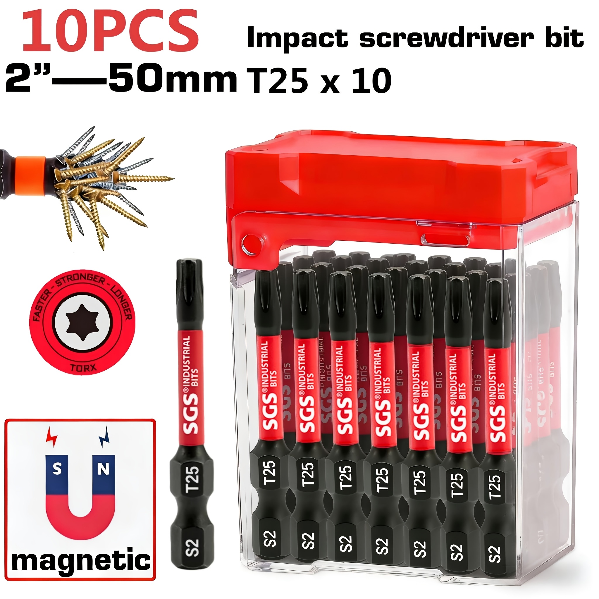 TEMU Torx T25 Industrial-grade Impact Screwdriver Bit, S2 Steel, 50mm, High-strength Magnetic Screwdriver Bit Set, 10pcs, With Red Heavy-duty Plastic