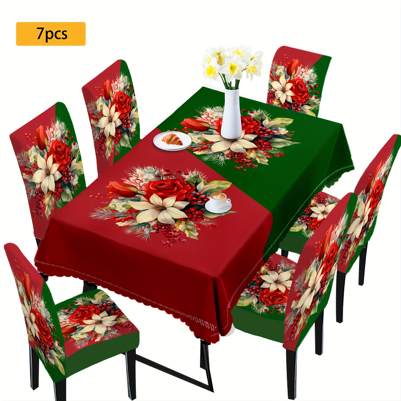 TEMU 4/5/6/7pcs Vintage Minimalist Christmas Chair Cover And Tablecloth Set, 4 Chair Covers, 6 Chair Covers, 1 Tablecloth + 4 Chair Covers Or 1