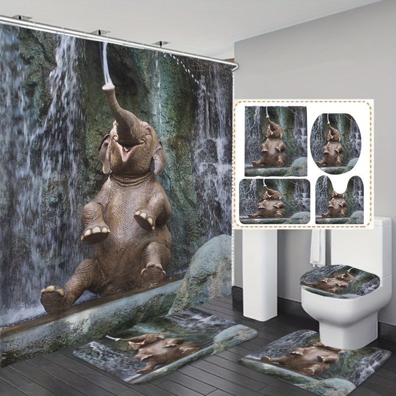 

1/3/4pcs Mountain Elephant Printed Set, Waterproof Shower Curtains With 12 Hooks, Non Slip Carpet, Toilet Lid Mat, U-shaped Bath Mat, Home Decoration, Bathroom Accessories