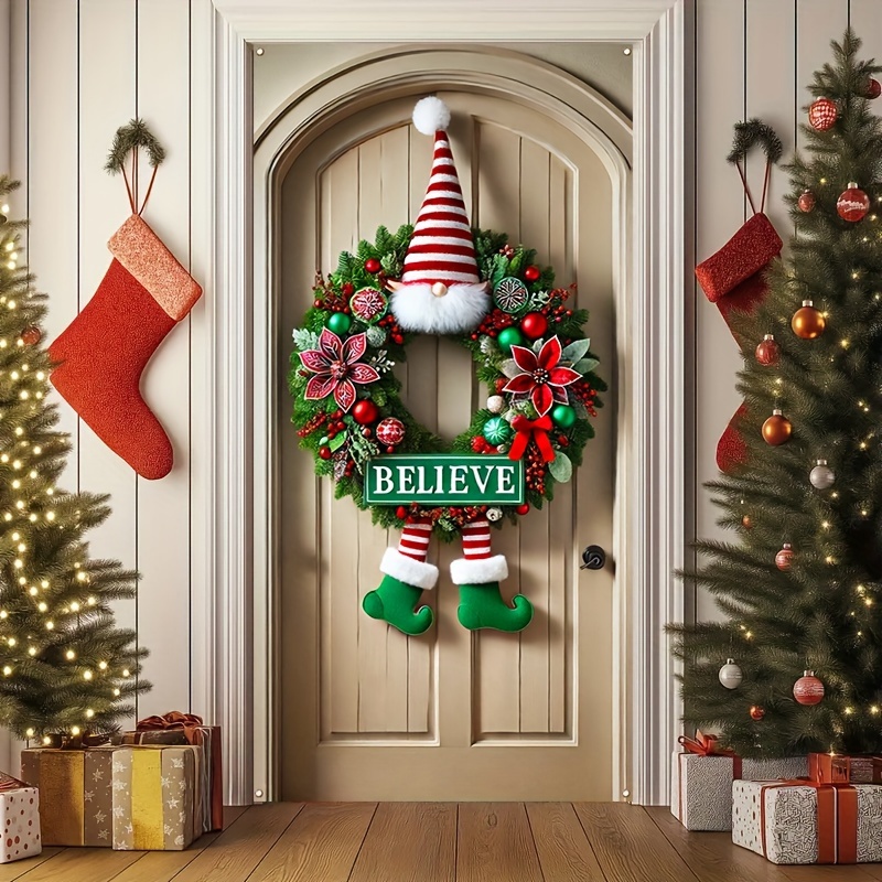 

Hego 1pc Elf Christmas Door Banner - Festive Elf Legs And Striped Hat Design, Holiday Wreath With "" Plaque, Multipurpose Polyester Door Curtain For Seasonal Decor, Manual Hanging Display