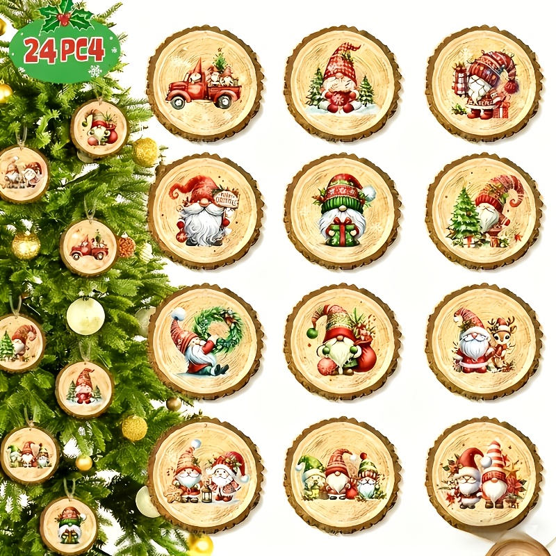 Image of A Set Of 24 Handcrafted Wooden Holiday Decorations Featuring Santa Claus - Gift For Home And Garden Decor