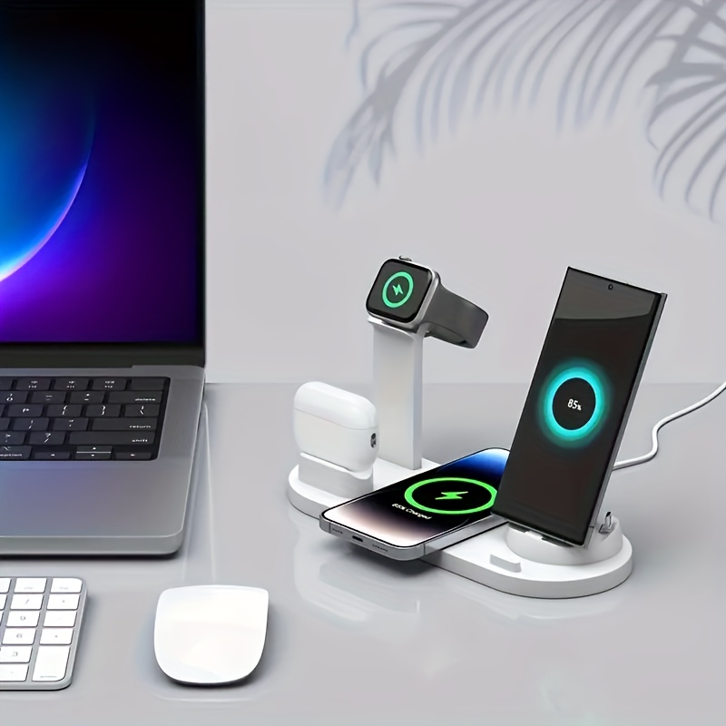 6 in 1 15w wireless charger for fast charging is suitable for iphone iwatch   which can charge 4 phones and one earphone simultaneously there is a stand with watch charging made of abs suitable for desktop work learning and drama use details 2