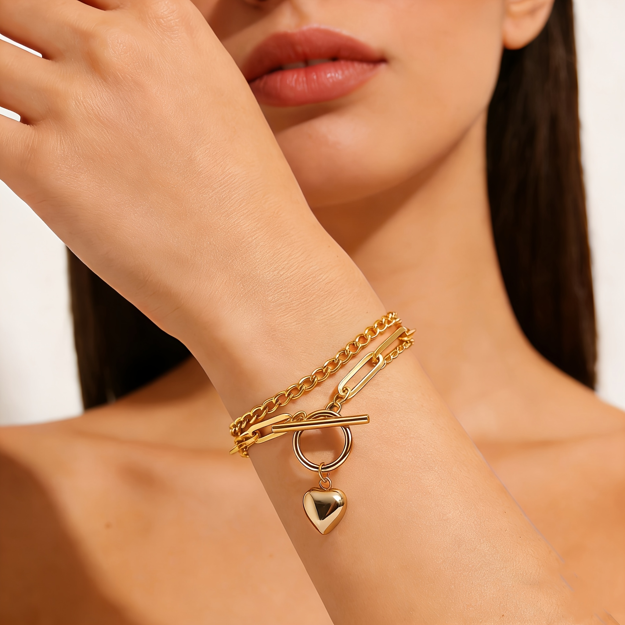 Women's Double-Layer Stainless Steel Square Chain Bracelet, Luxury