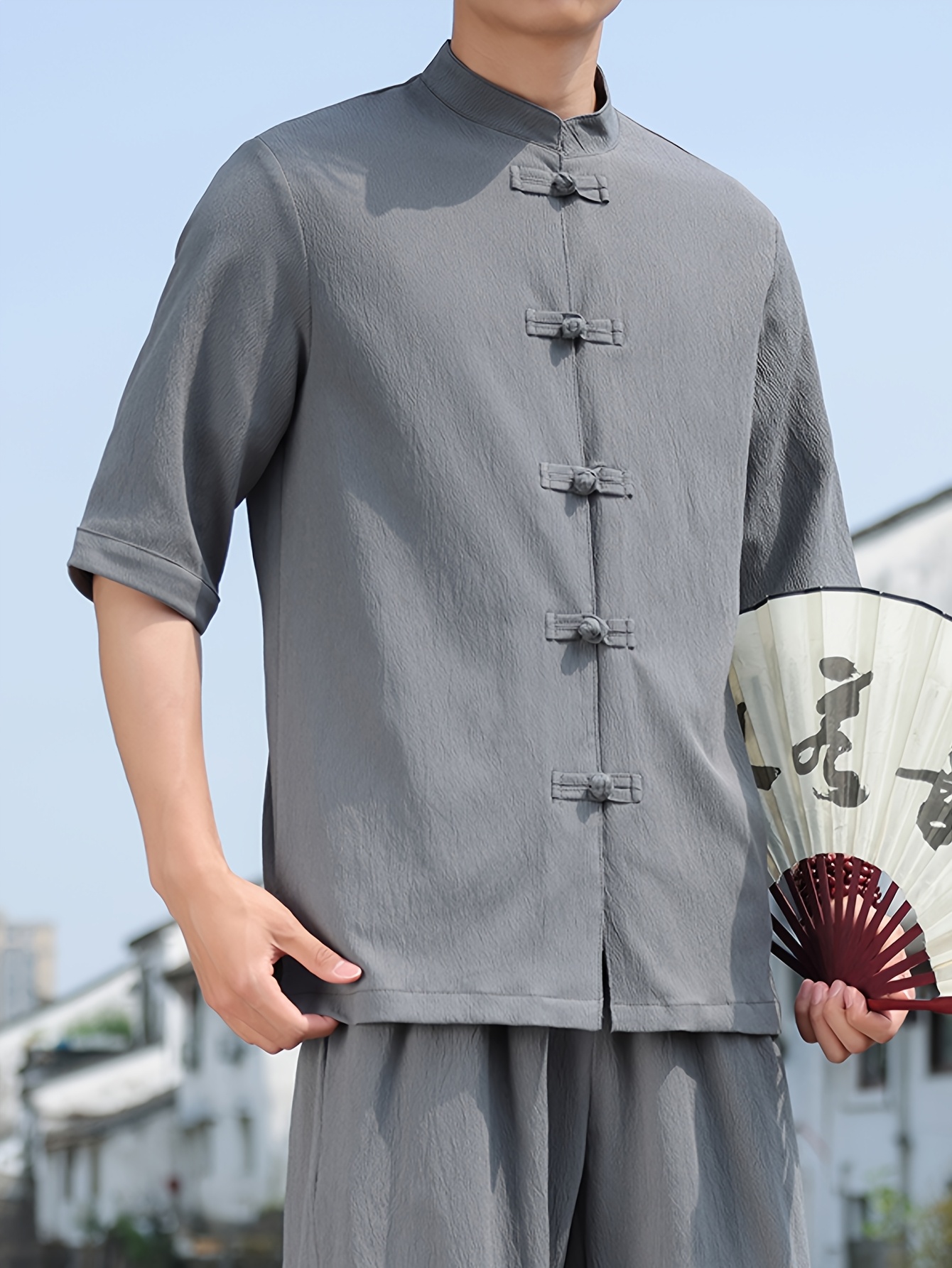 mens vintage chinese button shirt three quarter sleeve Temu Belgium