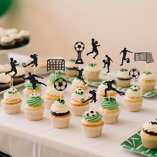24pcs of soccer themed cupcake decorations for a football party featuring mini soccer player and stadium cake decorations birthday cakes and sports themed celebrations