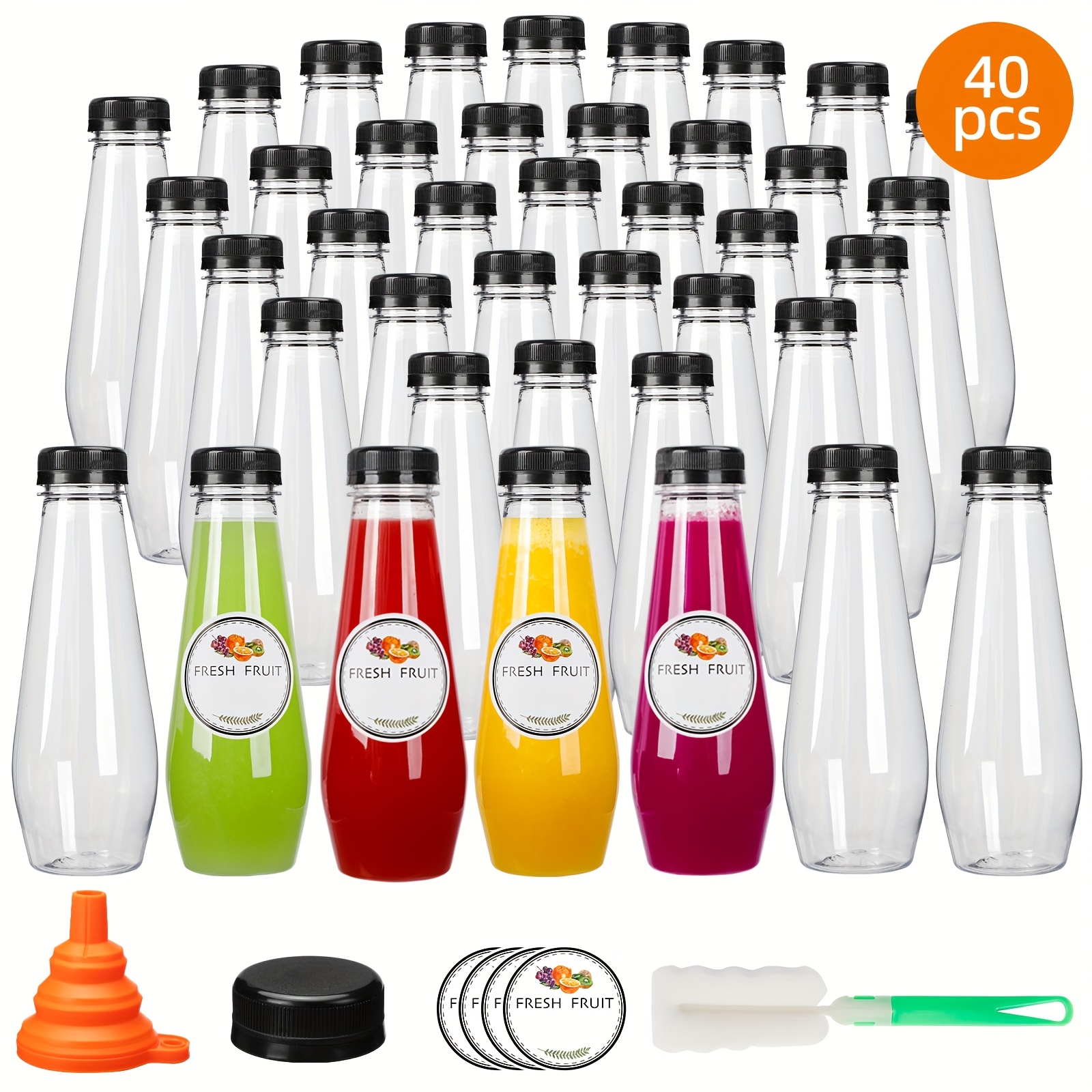 TEMU 40pcs 12oz Empty Plastic Juice Bottles With Caps, Reusable Water Bottles, Juice Bottles , Funnel And Brush, Clear Bulk Drink Containers With