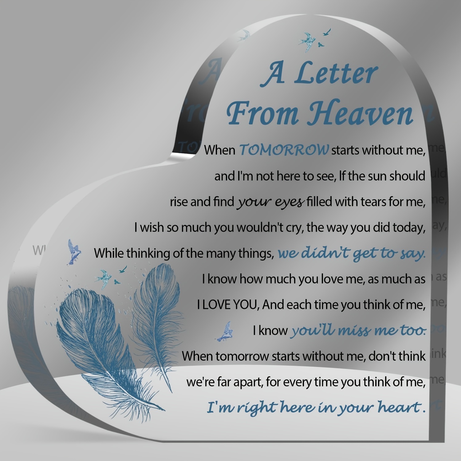 contemporary acrylic heart keepsake tabletop memorial plaque with letter from heaven poem versatile sympathy gift for loss of loved one durable no electricity needed