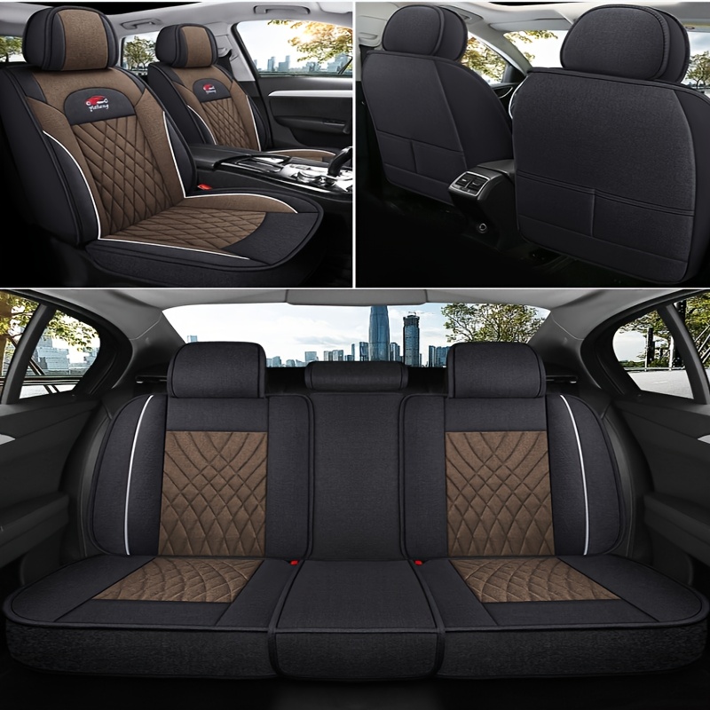 TEMU 5-seater, Comfortable Full-cover Linen Car Seat Covers, Split Headrest Universal Seat Covers, Suitable For Most 5-seater Cars