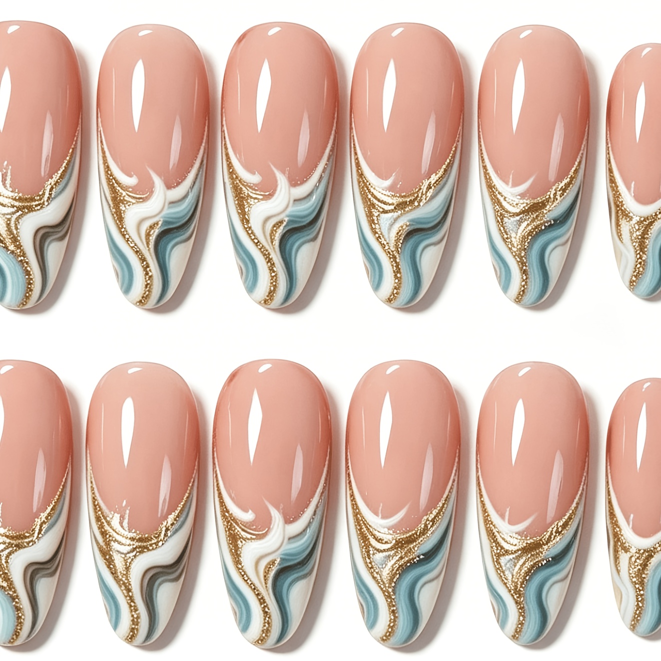 TEMU Faux Ongles à Coller Almond Moyen - Vert Forêt Foncé, Pointe Française, avec Ligne Dorée et Motif Cœur, Ongles Artificiels Brillants en
