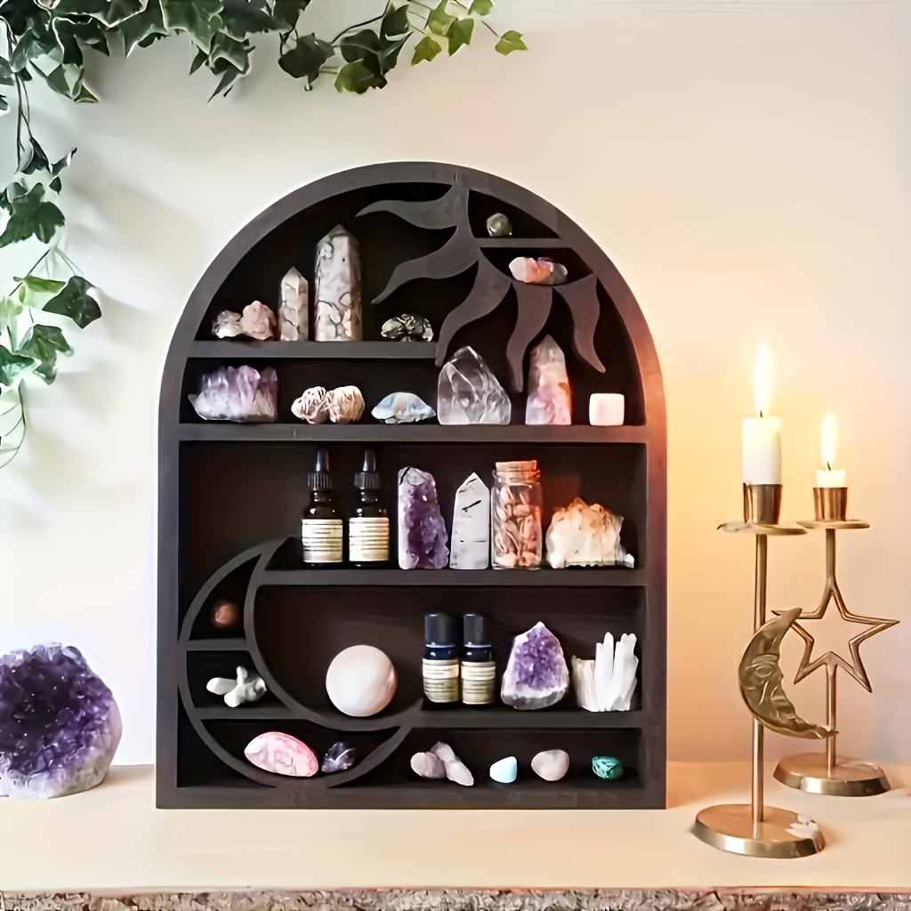 Bohemian Moon And Sun Wooden Storage Rack - Wall-mounted Crystal Display For Scented Candles And Stones, Home Decor Aesthetic