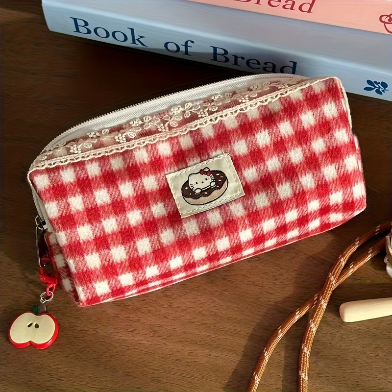 Hello Kitty Red Pencil Case, Embroidered Cat Pattern And , Large Capacity Storage Space
