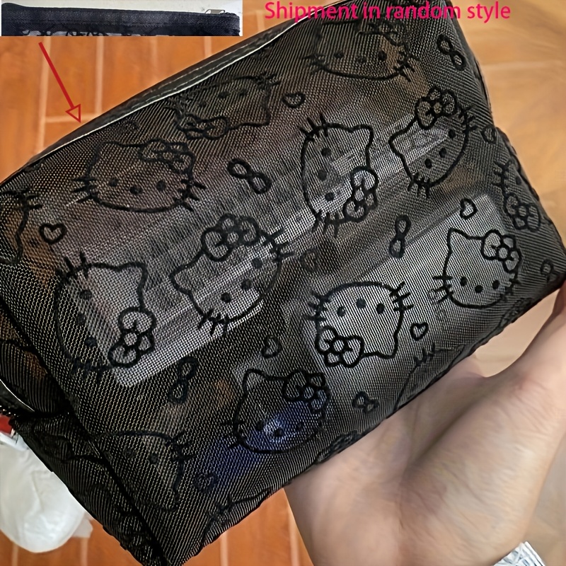 Image of Ip Hello Kitty Pattern Black Mesh Makeup Storage Bag, Portable Large-capacity Cosmetic Pouch, Women's Durable Polyester Fiber Travel Toiletry Bag, Daily Beauty Organizer, Secure Zipper Closure