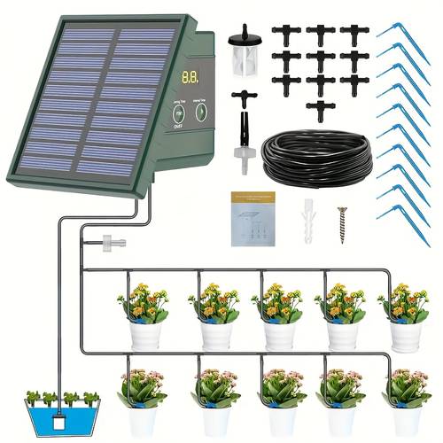 1 1w solar drip irrigation system garden automatic watering system 1500 mah with 393 7inch hose 10 potted plants at time diy watering anti siphon suitable for gardens greenhouses courtyards lawns