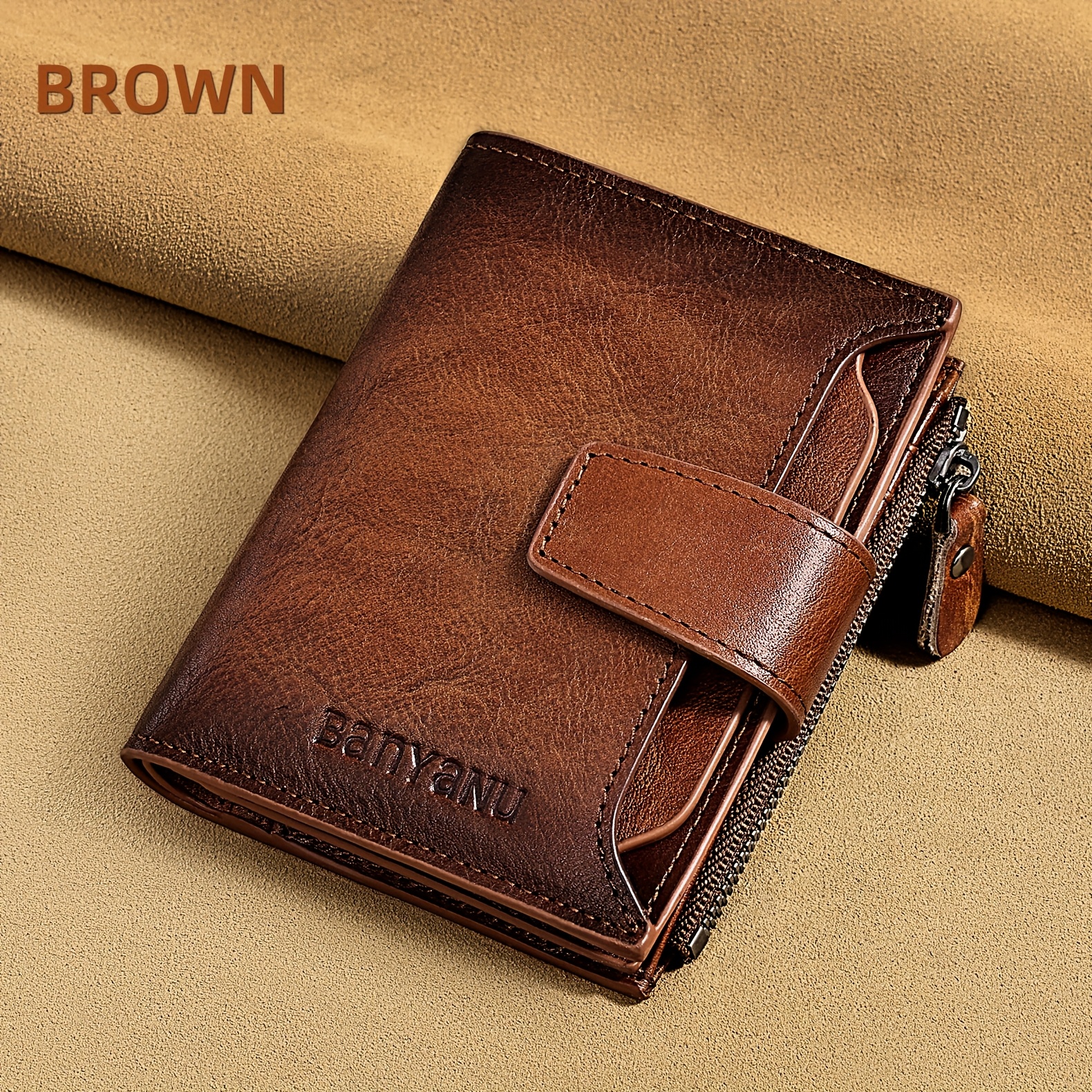 Image of Banyanu Retro Leather Men's Wallet With Rfid Protection, Featuring 12 Card Slots, 2 Large Cash Compartments, And 1 Zippered Coin Bag, In Brown, Black, Blue, And Coffee, Father's Day Gift