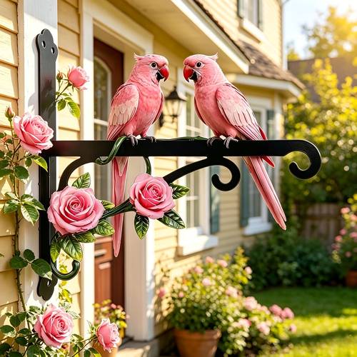 metal pink two parrot themed wall mounted outdoor hanging shelf decorative craft featuring vibrant colors rust proof and sun resistant with installation screws spring and summer gardens courtyards and as a hanging