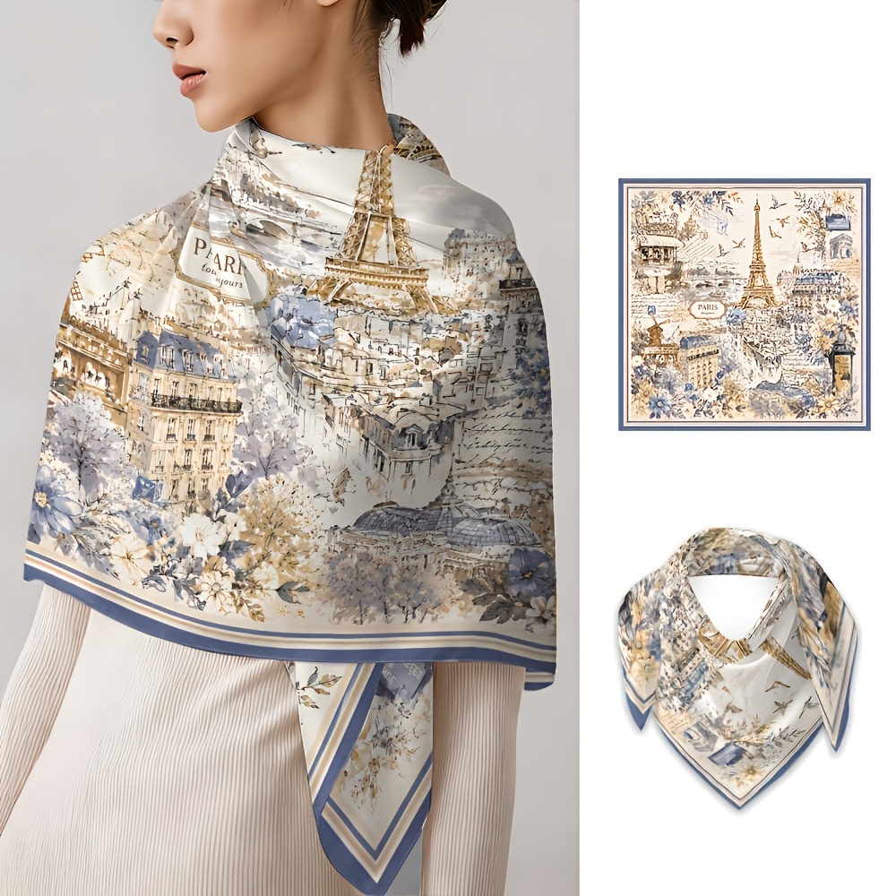 TEMU 1 Carré Style Vintage - Parfait comme Accessoire pour les Cheveux, Châle et Attache-Cheveux. Motif Floral Elysée et Beige, Idéal pour une Mode