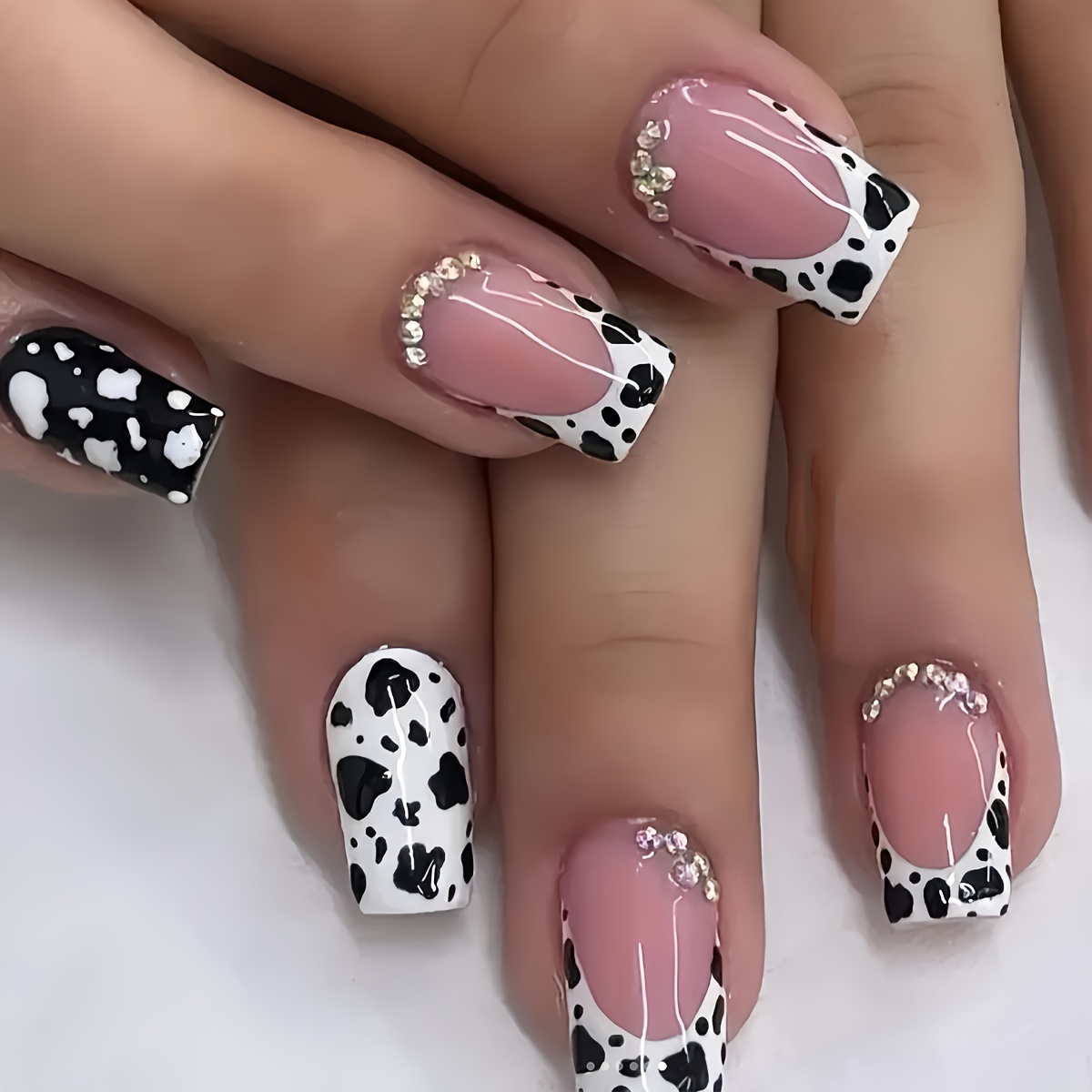 

24pcs Color Cow Print Press-on Nails With Rhinestones, Square Shape, Medium Length, , With Jelly Glue And Nail File, Animal & Sparkle Design, Beauty & , Manicure Set